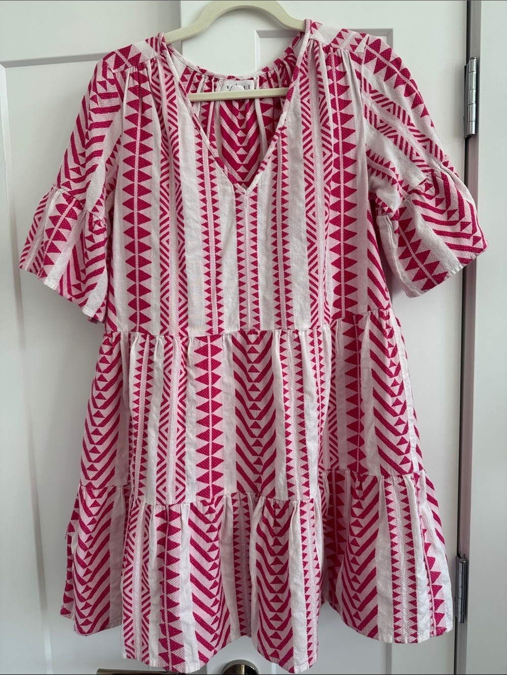 Velvet by Graham & Spencer Hot Pink & White Geometric Tiered Mini Dress